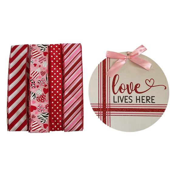 Valentine’s Ribbon & Sign Bundle Set | Love Lives Here | DIY Wreath Craft Kit - Picture 1 of 4